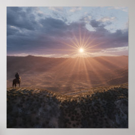 Póster Cowboy on Horseback at Sunset, Western Desert 
