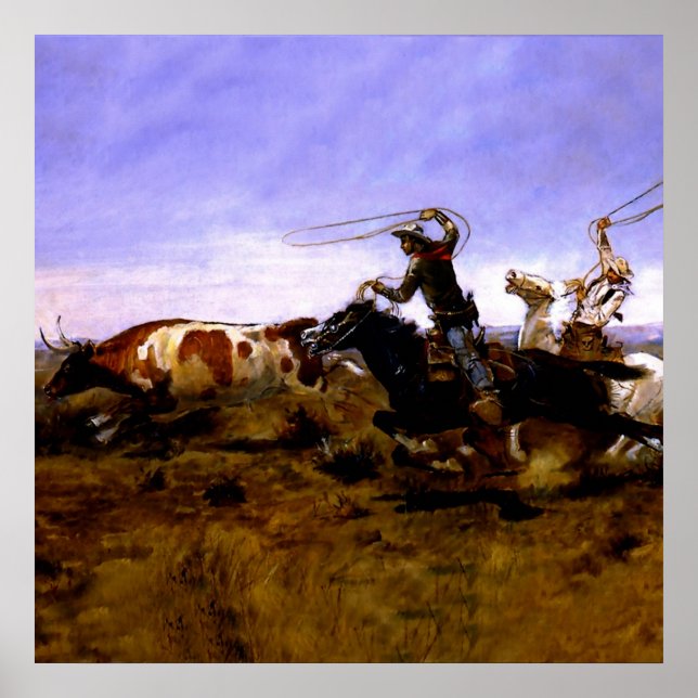 Póster "Cowboys Roping a Steer" por Charles M Russell (Frente)