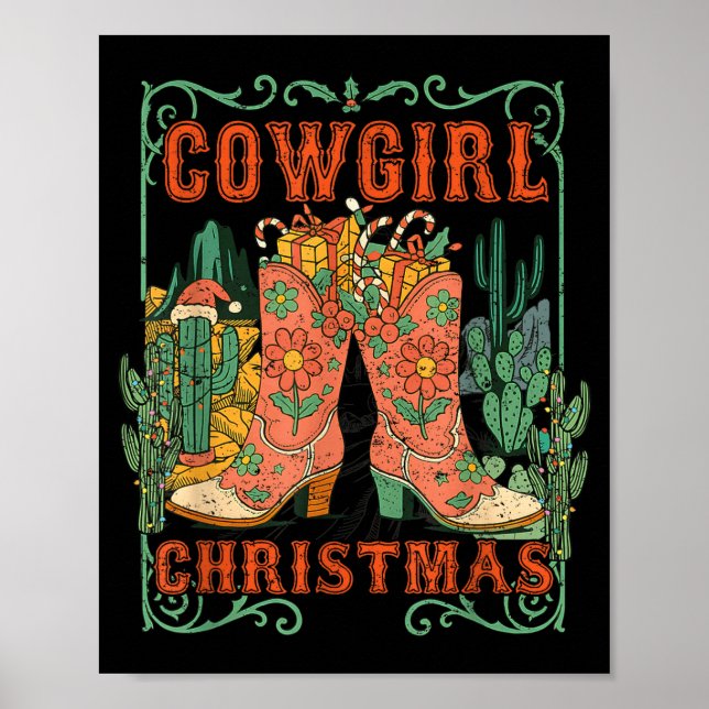 Póster Cowgirl Christmas Boots Cactus Retro Western Holid (Frente)