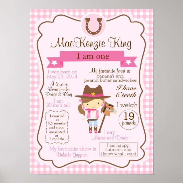 Póster CowGirl signo de un año para tu chica de cumpleaño (Frente)