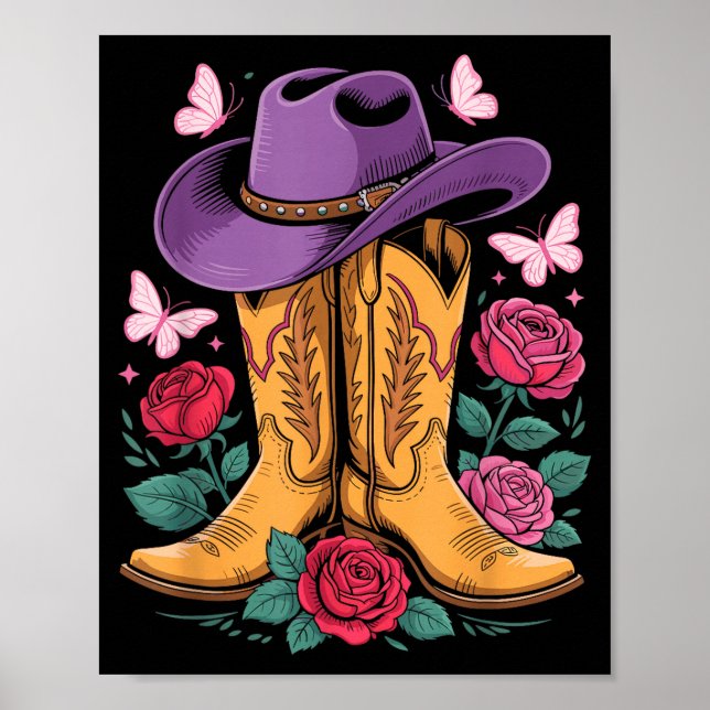 Póster Cowgirl Western Cowboy Hat Boots With Roses Countr (Frente)