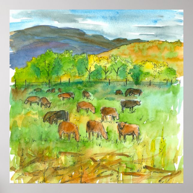 Póster Cows In Pasture Farm Animal Watercolor Painting (Frente)