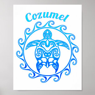 Póster Cozumel de tortuga tribal azul oceánica