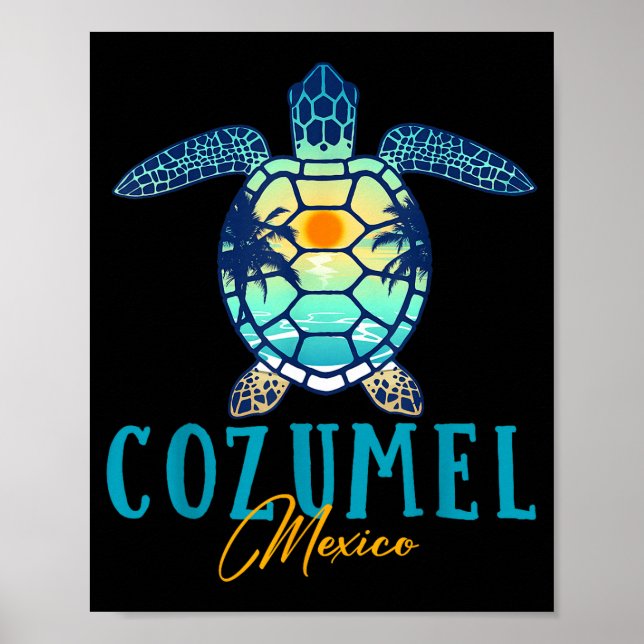 Póster Cozumel Mexico Sea Turtle Palm Tree Sunset Beach V (Frente)