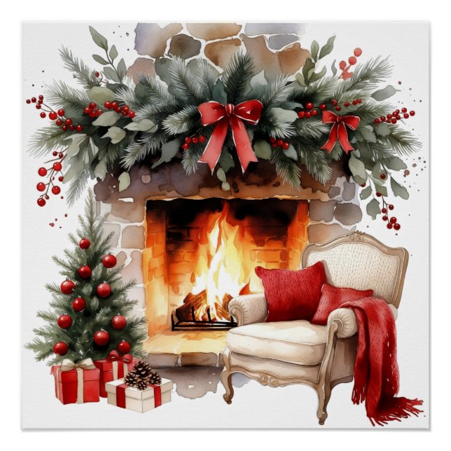 Póster Cozy Christmas Fireplace Watercolor Art Print (Anverso)