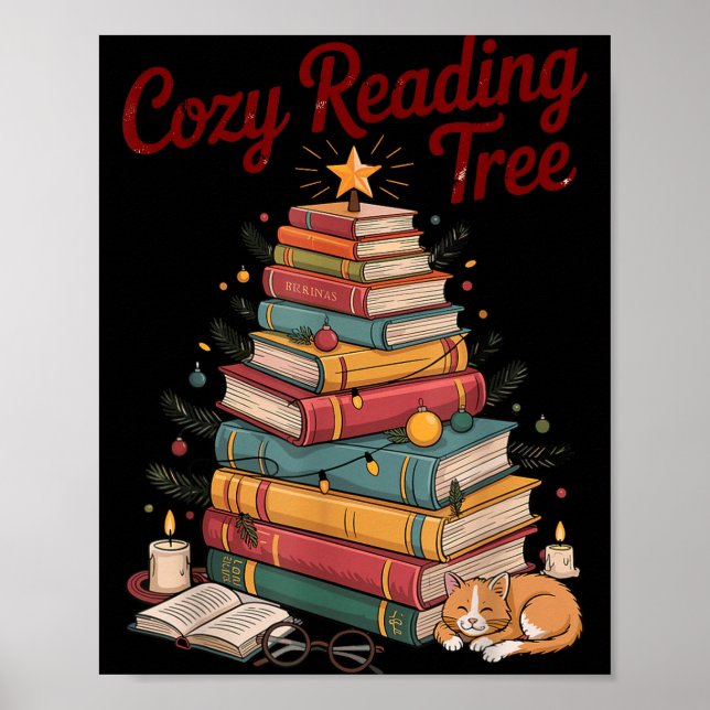 Póster Cozy Christmas Reading Tree Cat Candle Stack Booki (Frente)