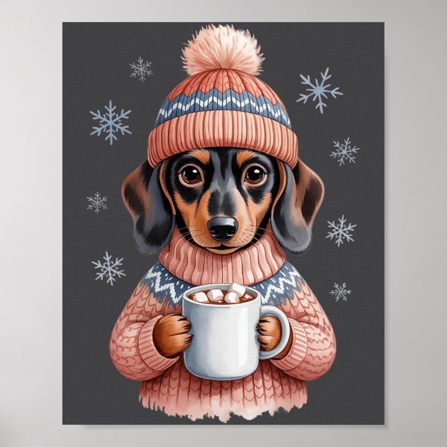 Póster Cozy Dachshund Dog With Hot Cocoa Holiday Winter S (Frente)