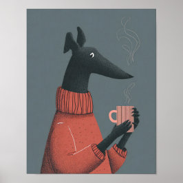 Póster Cozy Dog Poster – Stylized Greyhound with Mug
