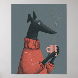 Póster Cozy Dog Poster – Stylized Greyhound with Mug