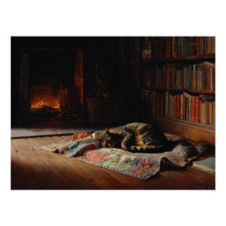 Póster Cozy Fireplace Cat Library Scene