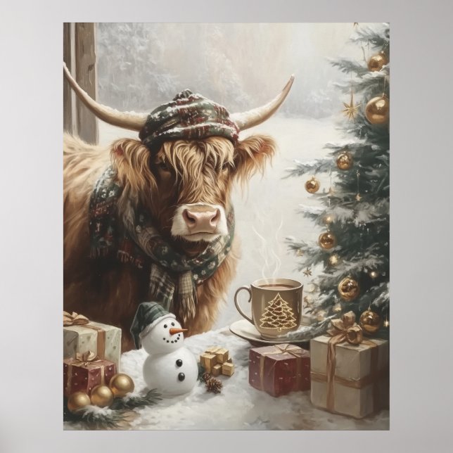 Póster Cozy Highland Cow Christmas Farmhouse Wall Art (Frente)