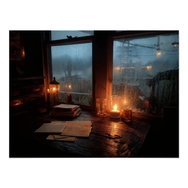 Póster Cozy Rainy Window Candle Glow Scene (Anverso)