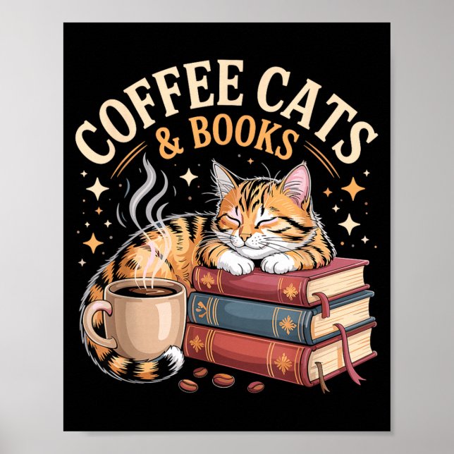 Póster Cozy Reading Cat Coffee And Books Lover Artwork  (Frente)
