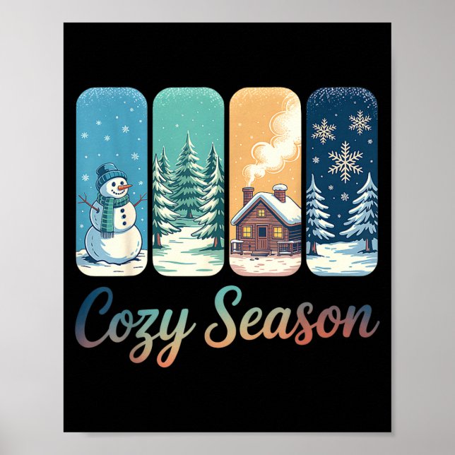 Póster Cozy Season Winter Wonderland Cabin Snowman Snowfl (Frente)