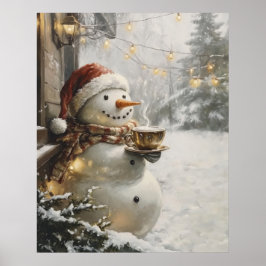 Póster Cozy Snowman with Coffee Christmas Wall Art 