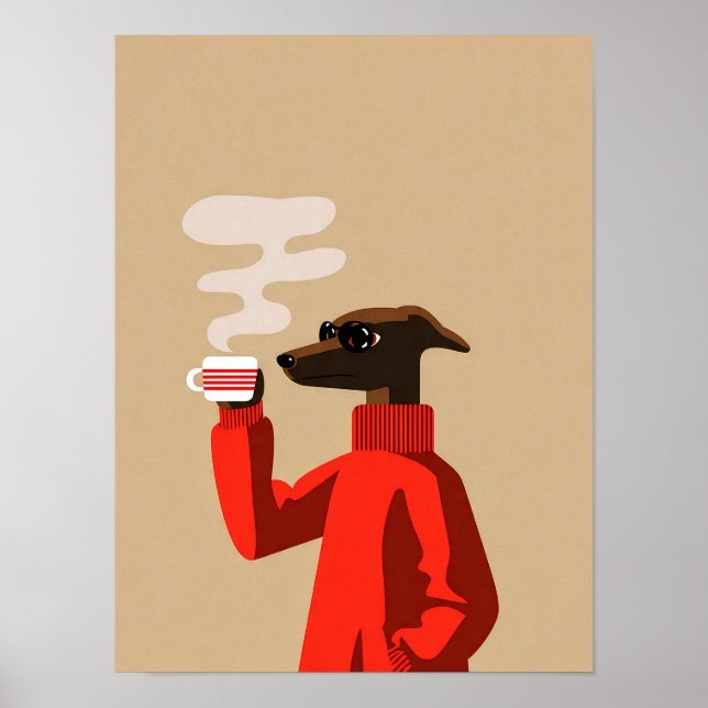 Póster Cozy Whippet Drinking Coffee - Dog Illustration (Frente)