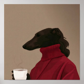 Póster Cozy Whippet Drinking Coffee - Minimalist Dog 