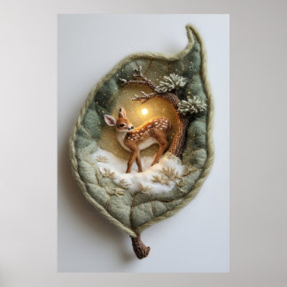 Póster 🦌 Cozy Winter Fawn Scene Whimsical Handmade Art