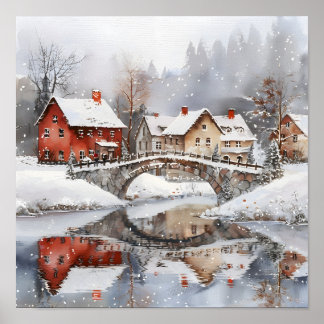 Póster Cozy Winter Village Bridge Watercolor Christmas