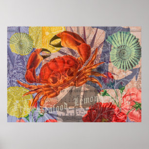 Póster Crab Nautical Beach Art
