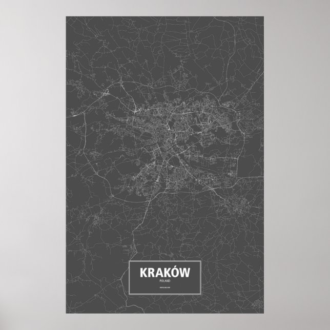 Póster Cracovia, Polonia (blanco sobre negro) (Frente)