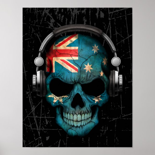 Póster Cráneo australiano de DJ con audífonos (Frente)