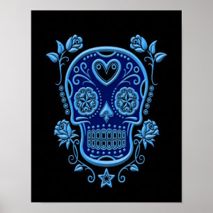 Póster Cráneo azul del azúcar con los rosas en negro