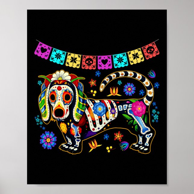 Póster Cráneo de azúcar mexicano Dachshund Bone Halloween (Frente)