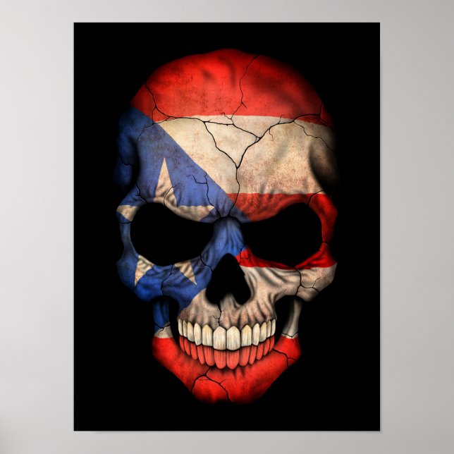 Póster Cráneo de bandera de Puerto Rico sobre negro (Frente)