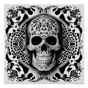 Póster Cráneo de encaje sonriente negro y blanco