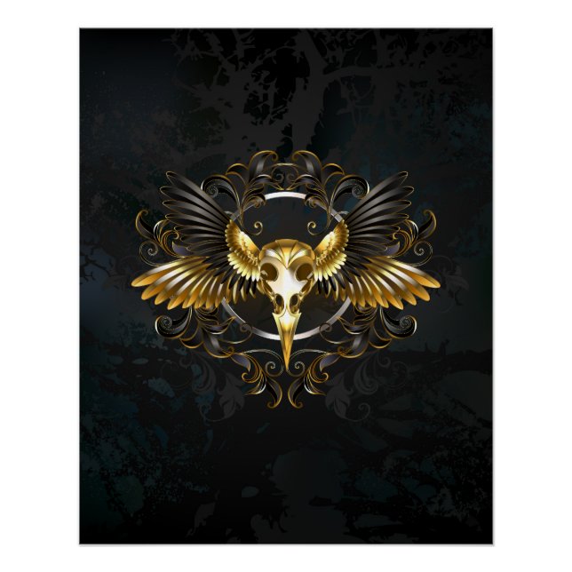 Póster Cráneo de pájaro dorado sobre fondo negro (Anverso)