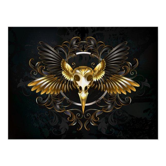 Póster Cráneo de pájaro dorado sobre fondo negro (Anverso)