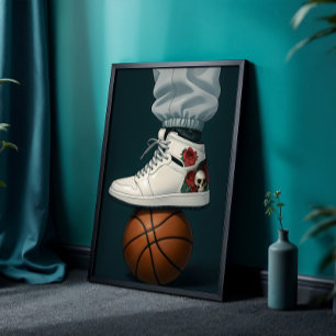 Póster Cráneo de Rosas Blancas en baloncesto
