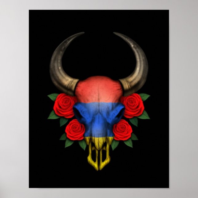 Póster Cráneo de toros de la bandera armenia con rosas ro (Frente)