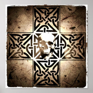 Póster Cráneo en el negro de la cruz céltica, sepia,