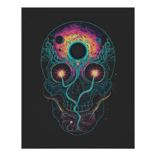 Póster Cráneo Galáctico Neon Cósmico Psicodélico