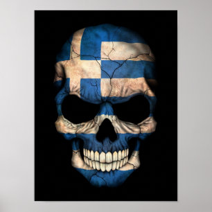 Póster Cráneo griego de la bandera en negro