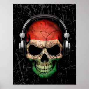 Póster Cráneo húngaro rasguñado de DJ con los auriculares