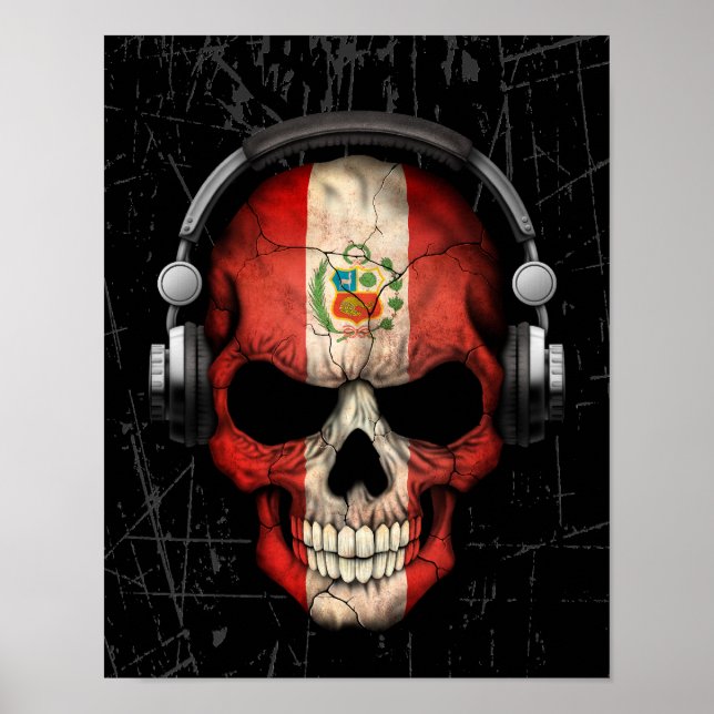 Póster Cráneo peruano de DJ con auriculares (Frente)