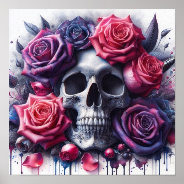 Póster Cráneo rodeado de vibrantes Rosas (Frente)