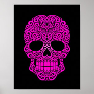 Póster Cráneo rosado del azúcar que remolina en negro