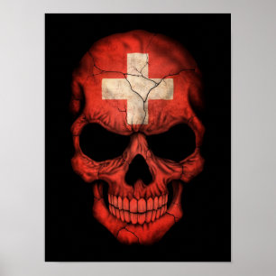 Póster Cráneo suizo de la bandera en negro