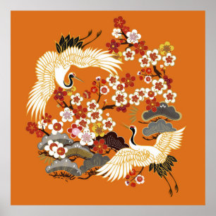 Póster CRANES AND COLOR SAKURA. Colorful floral seamless 