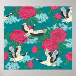 Póster Cranes Peonies: Viejos gráficos florales