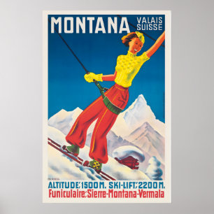Póster Crans-Montana Valais Suiza Esquí Vintage
