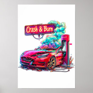 Póster Crash & Burn del mercado de valores, EV Elon Musk,