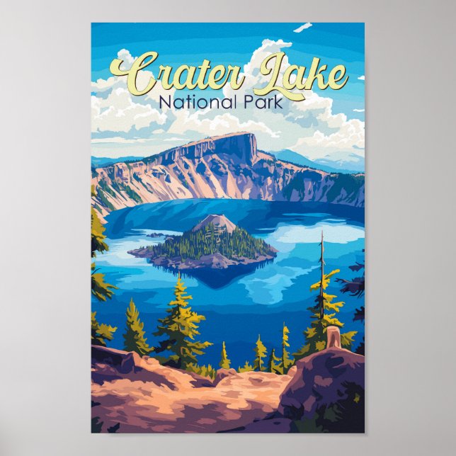 Póster Crater Lake National Park Ilustracion Travel Art (Frente)