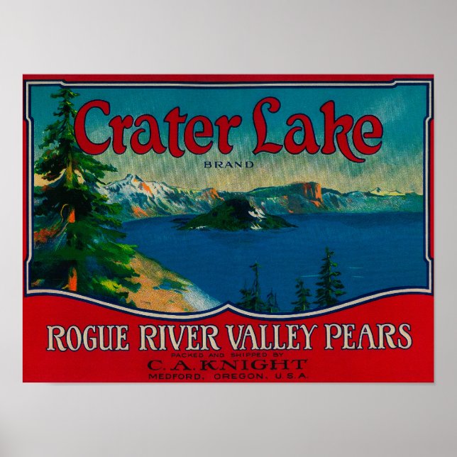 Póster Crater Lake Pear Crate LabelMedford, OR (Frente)