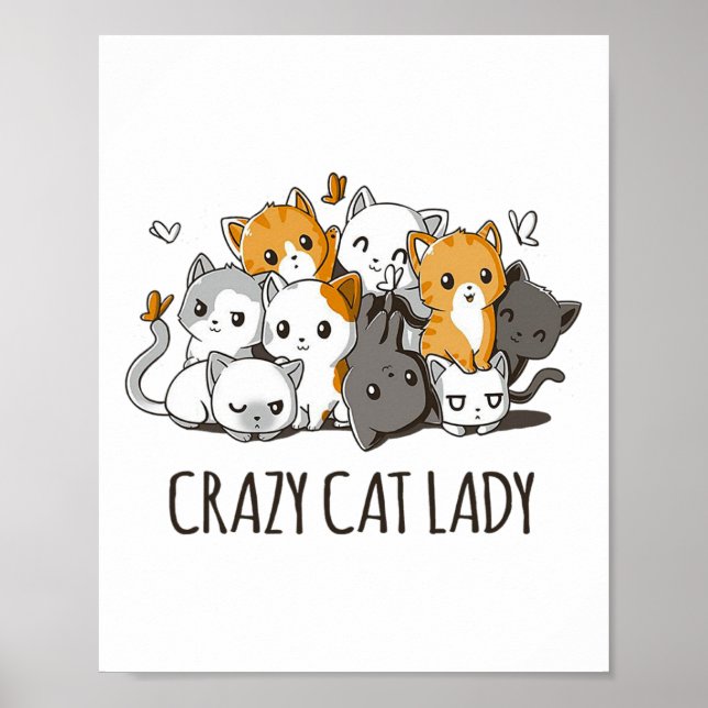 Póster Crazy Cat Lady Cute Anime Kitty Cat T Shirt (Frente)
