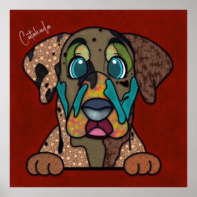 Póster  Crazy Catahoula dog face-handpainted  Poster (Frente)